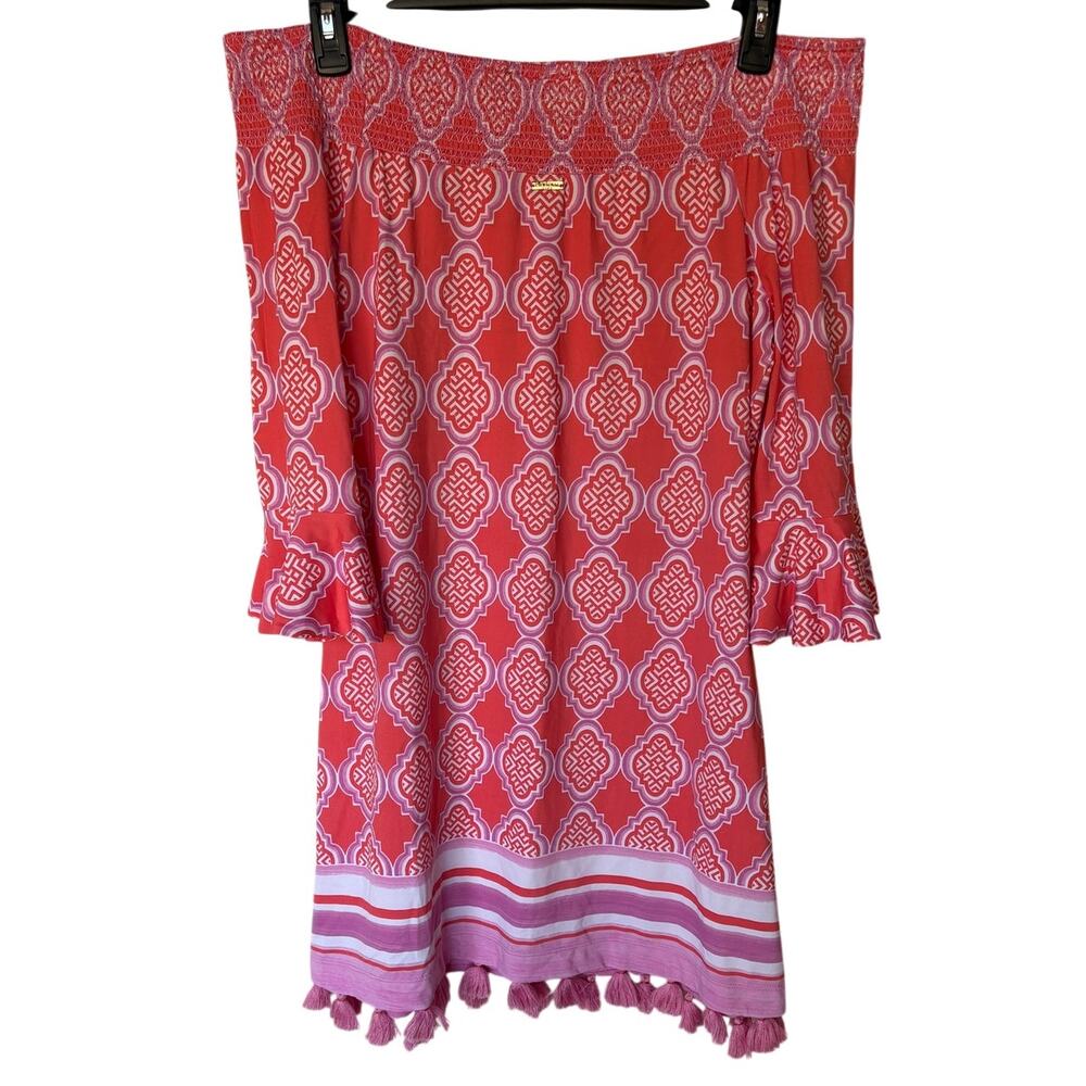 Cabana Life Coral Geo Coverluxe Smocked Dress Off the Shoulders UPF 50+ size XL - Picture 4 of 12